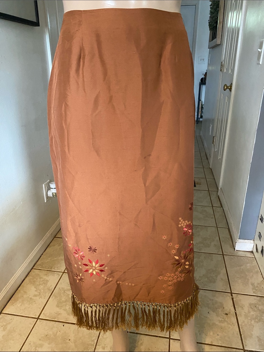 Clio Rust Brown Embroidered Fringe Midi Skirt